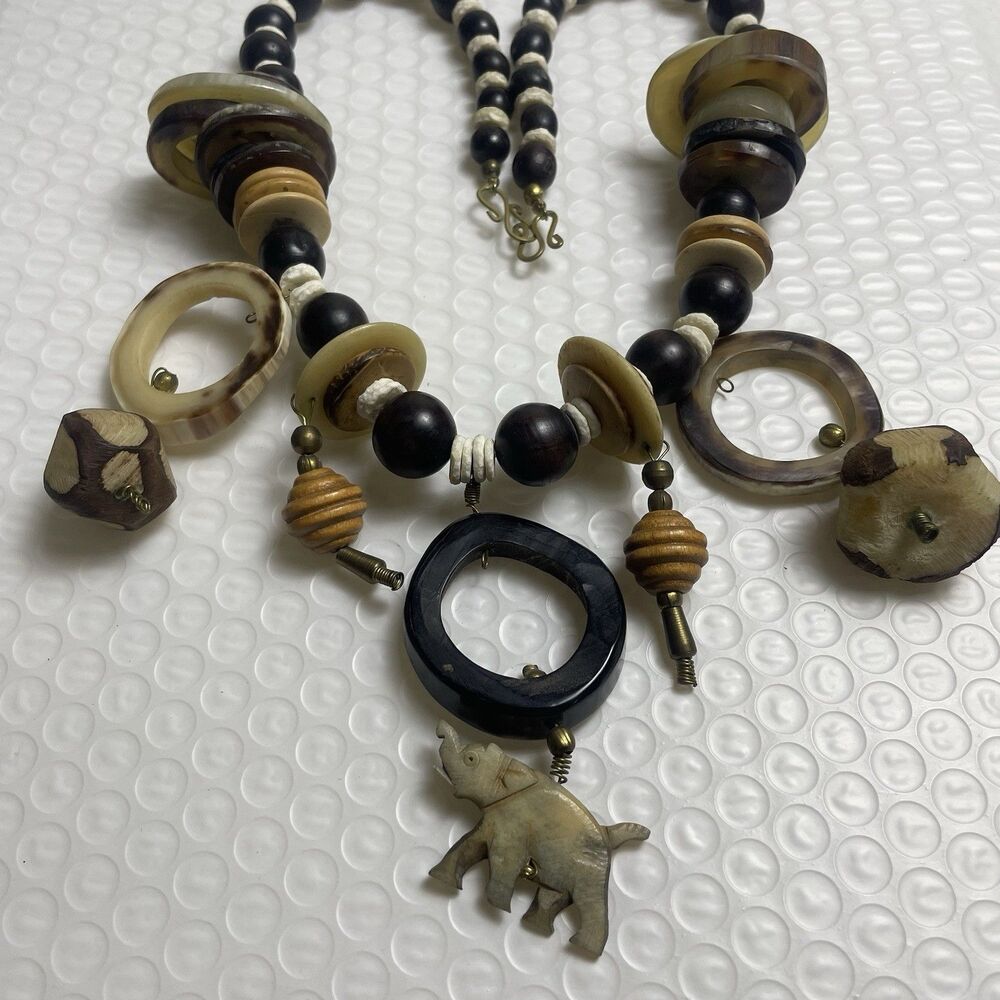Beaded Elephant Statement Necklace Hand Carved Vintage Safari